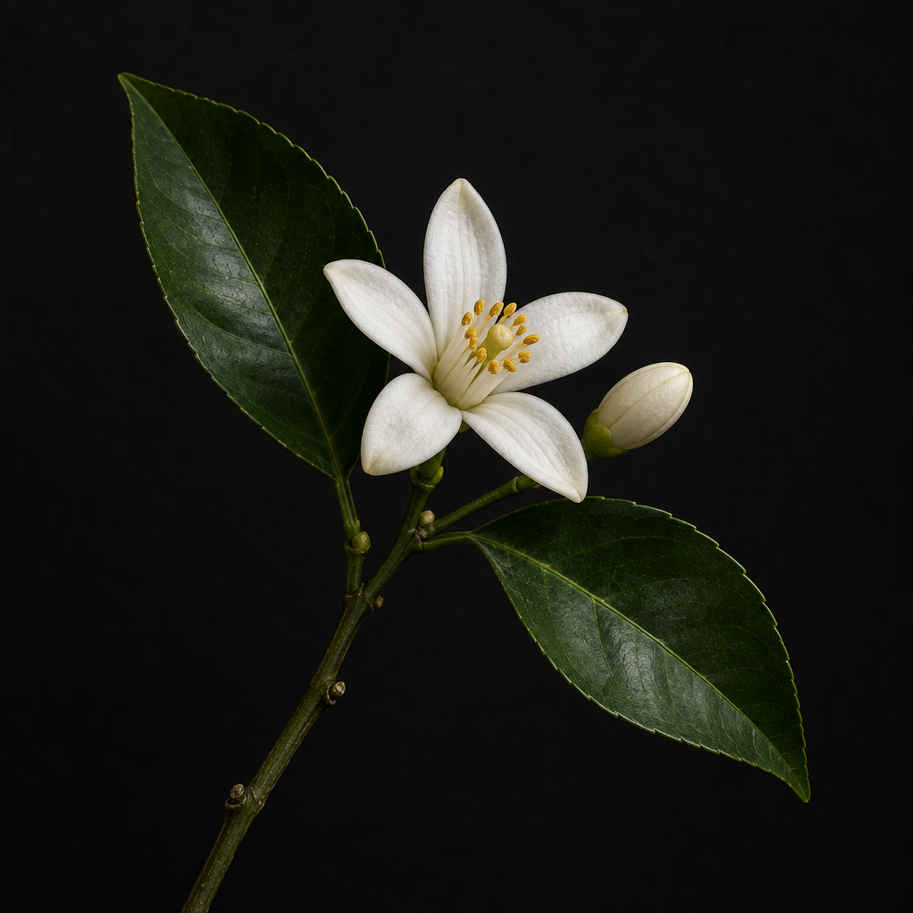 Weiße Neroli-Blüte mit grünen Blättern als Motiv zur Duftnote von SIGOURNEY