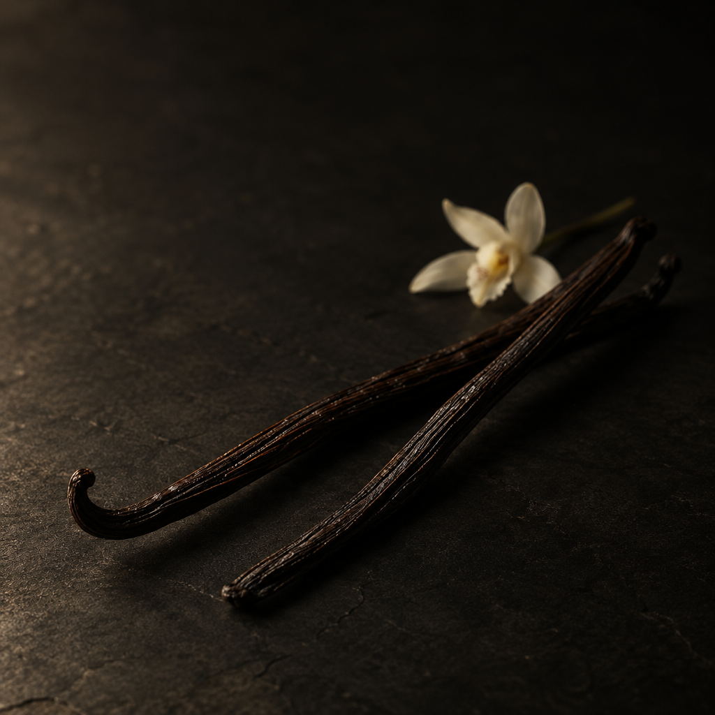 Vanilleschoten und Blüte auf dunklem Stein als Motiv zur Duftnote von STELLA