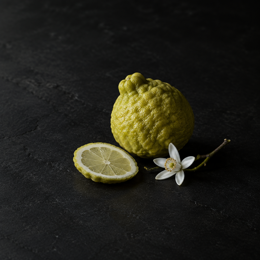 Bergamotte mit Anschnitt und weißer Zitrusblüte auf dunklem Hintergrund