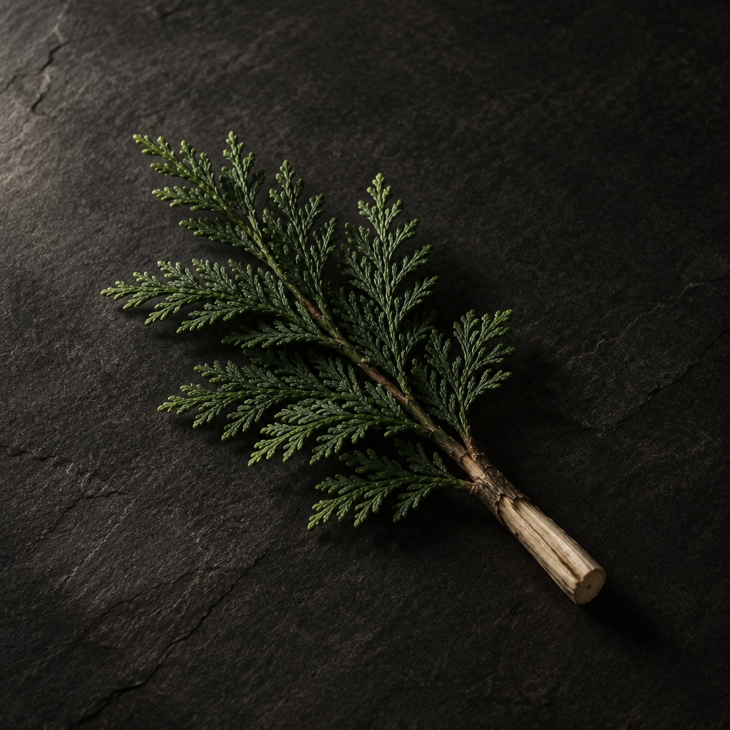 Hinoki-Zweig mit Holzanschnitt auf dunklem mattem Hintergrund
