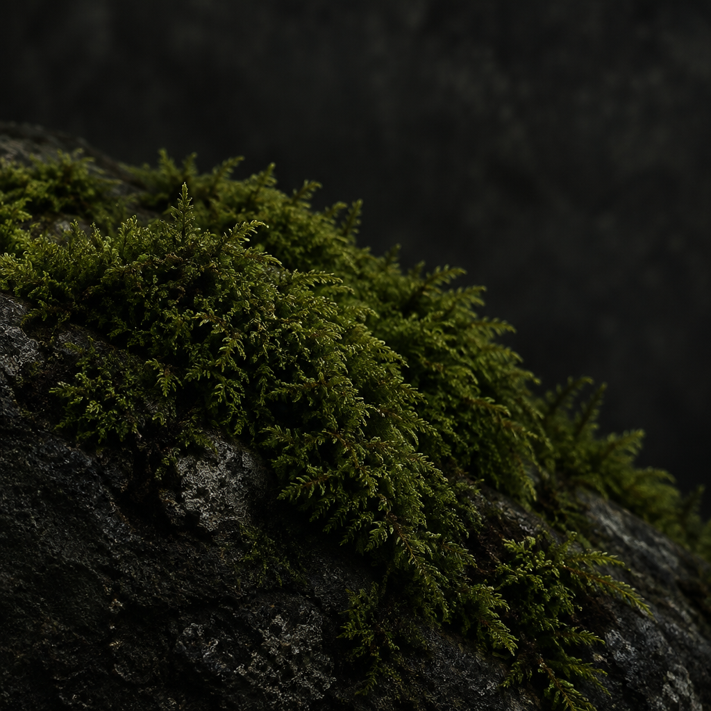 Grünes Waldmoos auf dunklem Stein als Motiv zur Duftnote von CABIN IN THE WOODS
