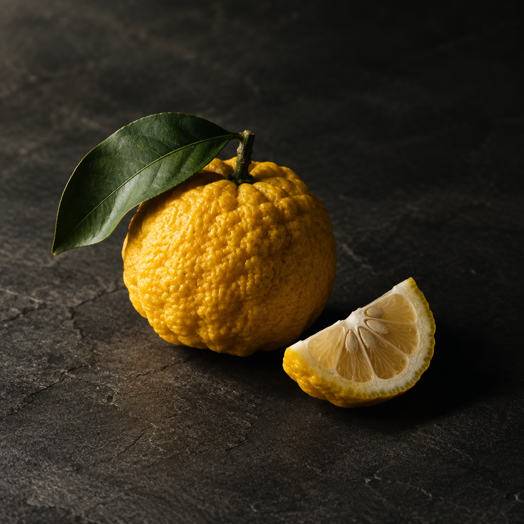 Yuzu-Frucht auf dunklem Stein als Motiv zur Duftnote von GOLDEN DAWN